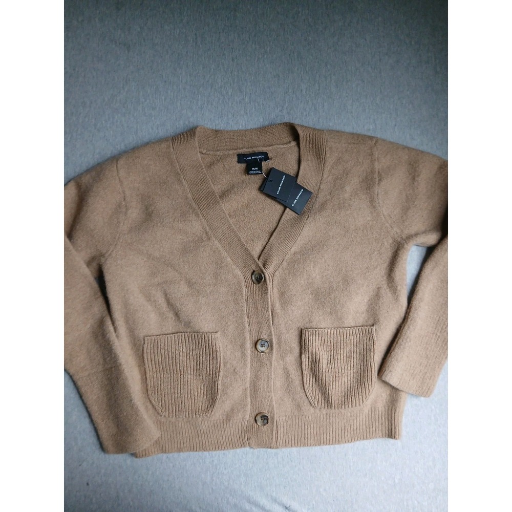 Club Monaco Sweater Medium Boiled Wool Cardigan Patch Pocket Camel Layers New